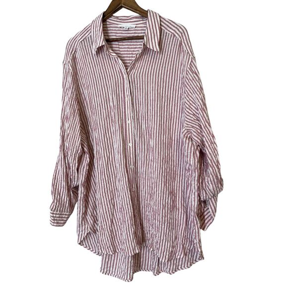 Jane + Delancey Pink White Stripe Crinkle Fabric Popover Top Womens Sz 2X - Picture 1 of 11